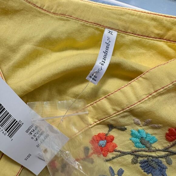 Yellow Floral Embroidered V Neck Pullover Boho Blouse by Passports XL New - Picture 8 of 9